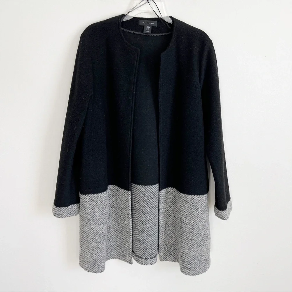 Tahari Wool Cardigan Jacket Colorblock Duster Jacket Black Grey Stripe Medium - Picture 16 of 16
